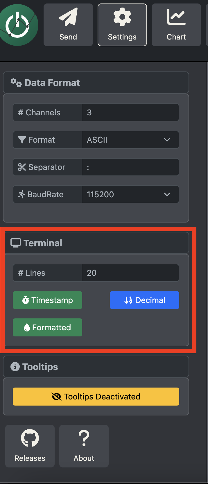 Main terminal settings